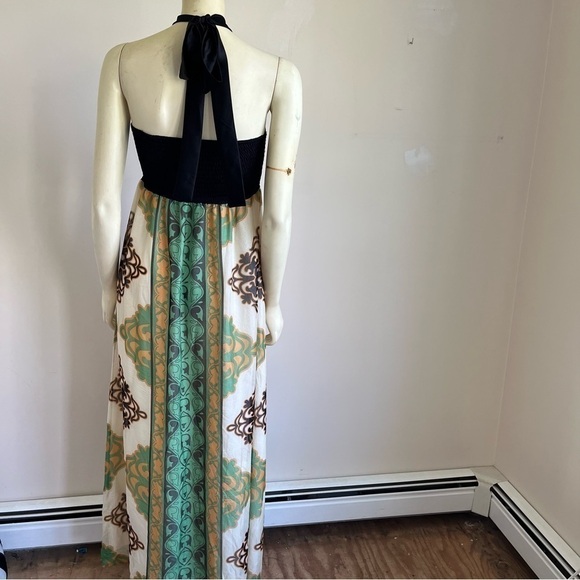 HALE Bob Women’s Gorgeous Printed Silk Halter Maxi Dress Boho Glam Green Brown S - Picture 2 of 13